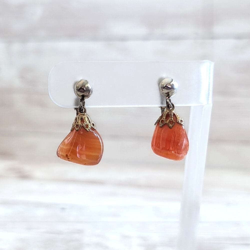 Vintage Clip On Earrings Orange Dangle - Tarnished